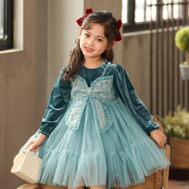 Girls' golden velvet skirt little girl foreign style 2022 autumn new middle and big children's bowknot sequin retro dress