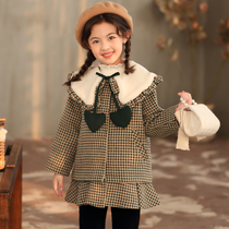 Girls Houndstooth Woolen Coat Childrens Thick Padded 2023 Winter Warm Korean Style Ruffled Jacket Mid-Length
