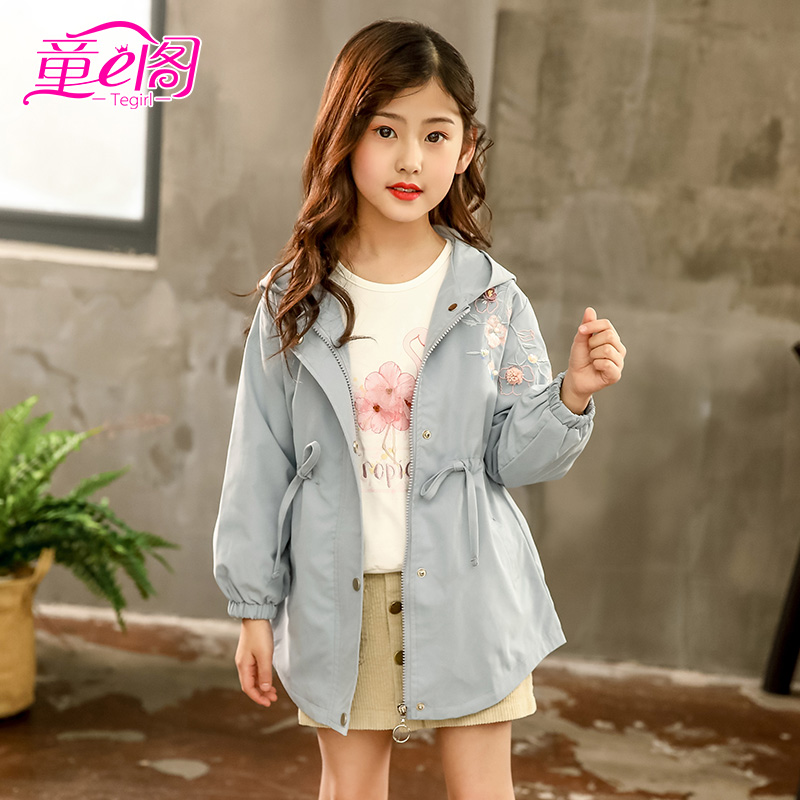 Cô gái áo gió Hàn Quốc phiên bản của trùm đầu mùa xuân áo zip-up mùa thu vừa dài vừa phải có độ dài áo trẻ em trẻ em mùa xuân và mùa thu mặc mới.