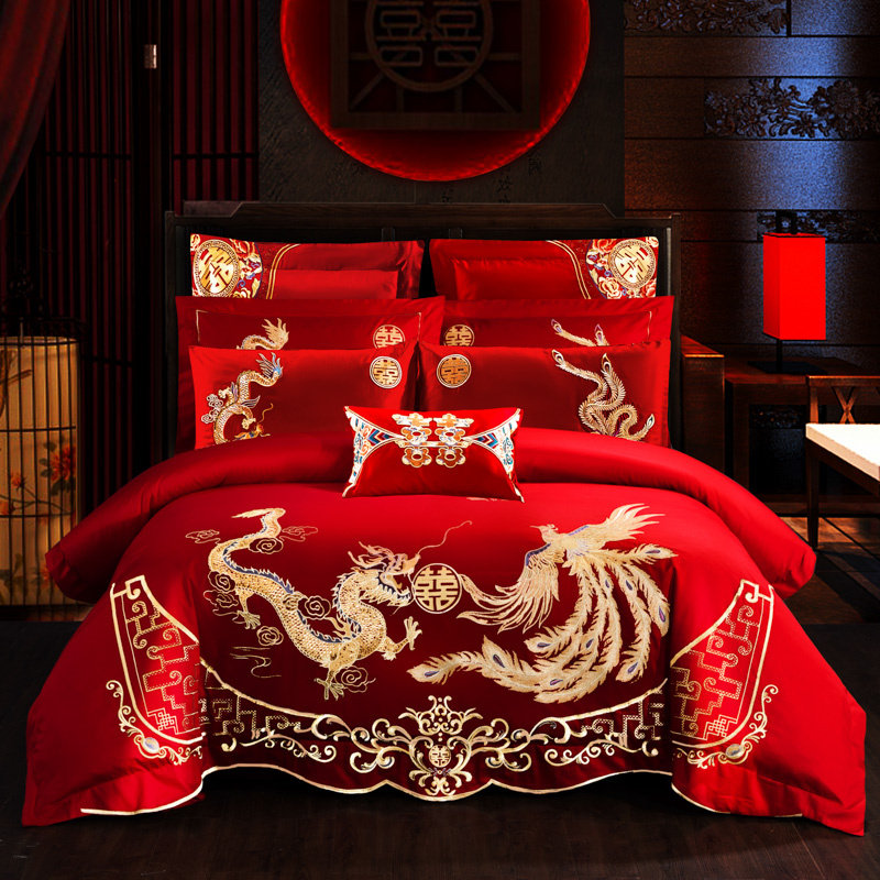 Wedding four-piece set 2021 new fashion gift big red festive four-piece quilt cover multi-piece set embroidery dragon phoenix Chengxiang