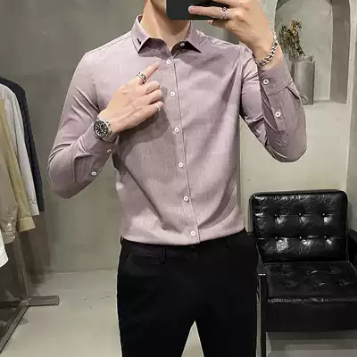 European station autumn clothing no ironing Ice Silk long sleeve shirt men Korean version of slim British solid color business casual shirt Tide brand