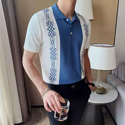 European station men's summer new style men's short sleeve polo shirt color British casual slim lapel ice silk T-shirt