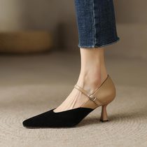 Shallow Mouth Tip Fine Heel High Heel Shoes 2022 Spring Summer Parquet Color Retro Single Shoes Genuine Leather Suede Ol Commute Shoes