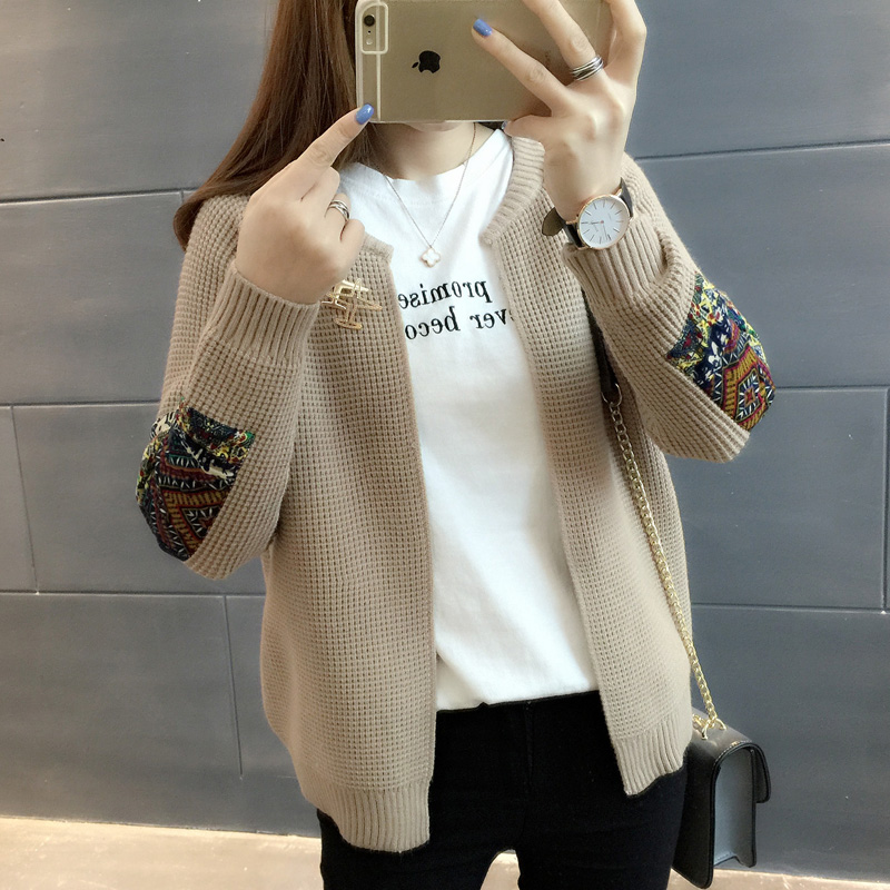 Fashion Patch Sweater Cardigan Women's Spring and Autumn Western Style Loose Top Shawl Long Sleeve Knitwear Short Jacket Slim