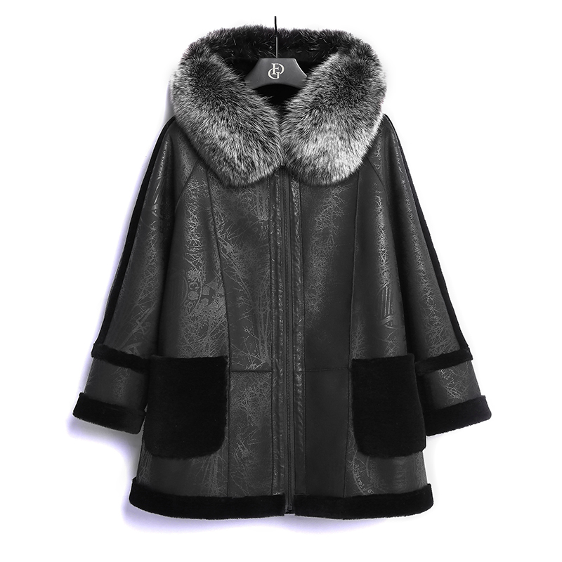 Middle-aged and elderly sheep fur one women's long version hooded fox fur collar mother fur sheepskin plus size loose