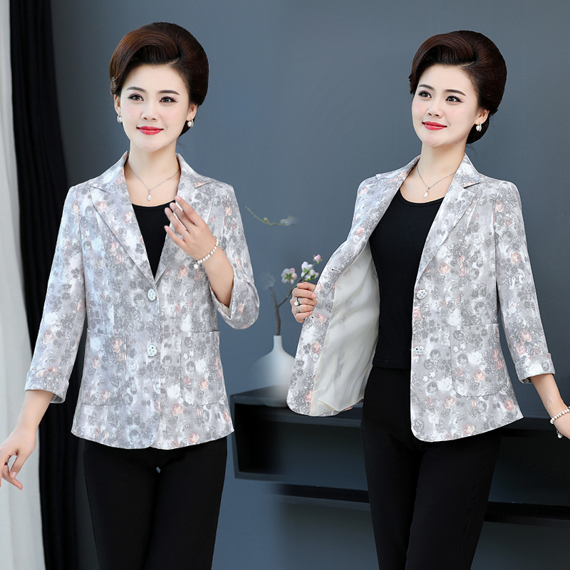 Mother's Spring Short Jacket, Stylish Top for Women in Their 40S and 50S, Middle-Aged Women's Spring and Autumn Floral Small Suit