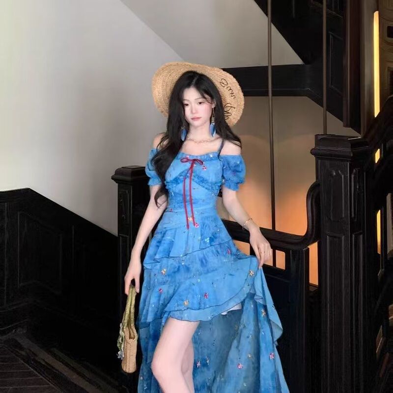 French-Style Seaside Vacation Dress for Women, Summer 2025 New Blue Floral Irregular Design Long Dress