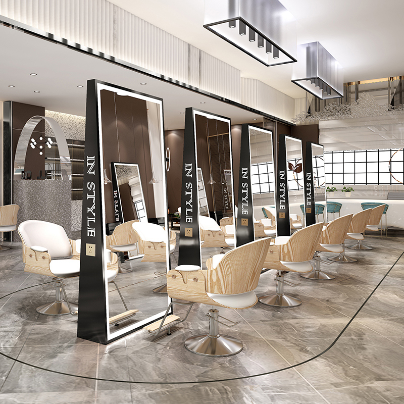 New professional custom-made floor-to-ceiling full-body triangle mirror stainless steel Nordic barber shop mirror table special hair salon mirror table