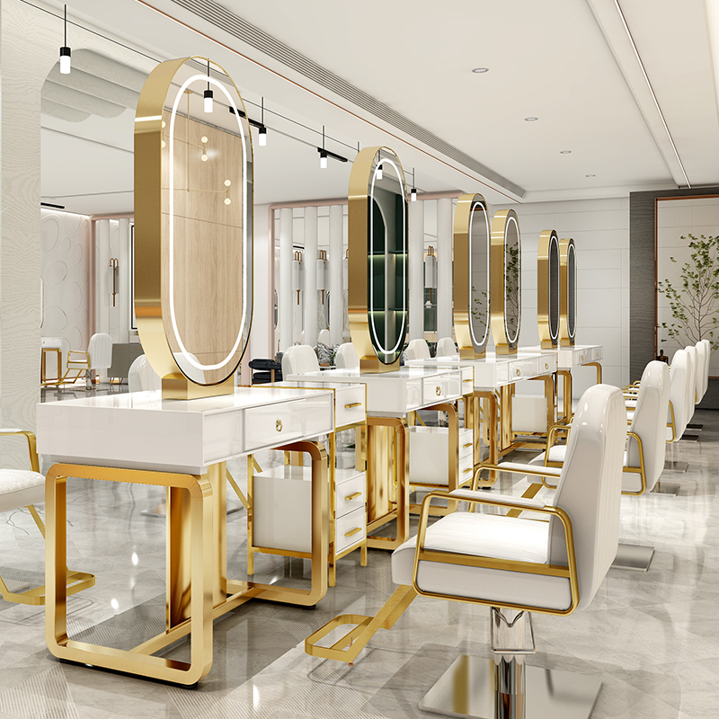 Hairdressshop Mirror Table Solid Wood Bifacial Bronzed Mirror Beauty Hair Shop Mirror Hair Salon Special Mirror Table Integrated With Lamp Haircut Mirror