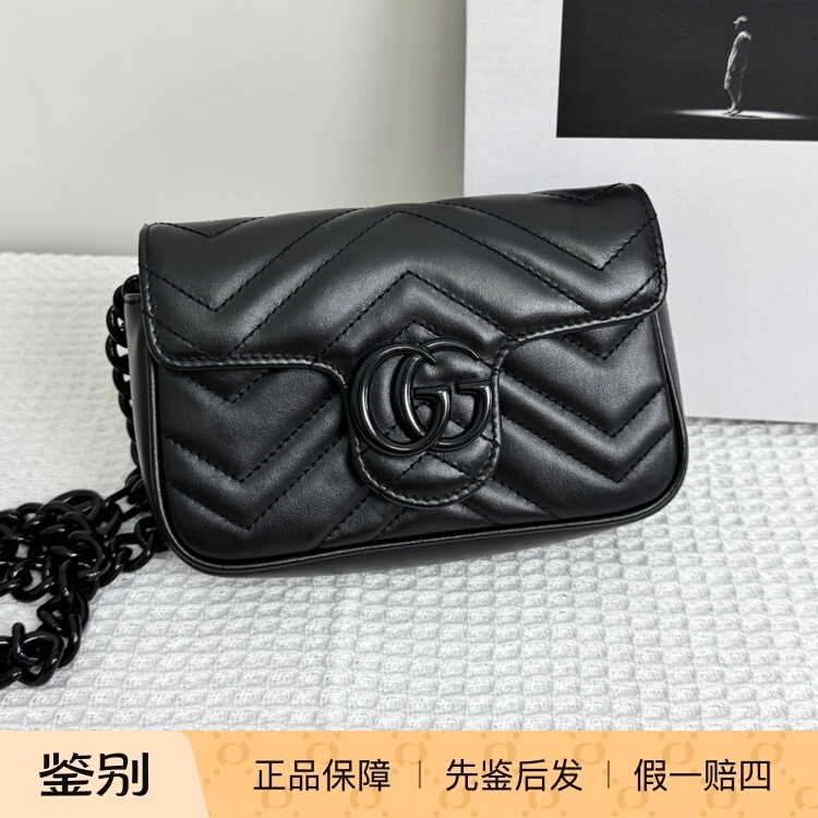Gucci Gg Marmont Single-Color Double g Finish Chain Waist Bag Shoulder Bag Ultra Mini Black Gucci Gg Marmont Single-Color Double g Finish Chain Waist Bag Shoulder Bag Ultra Mini Black