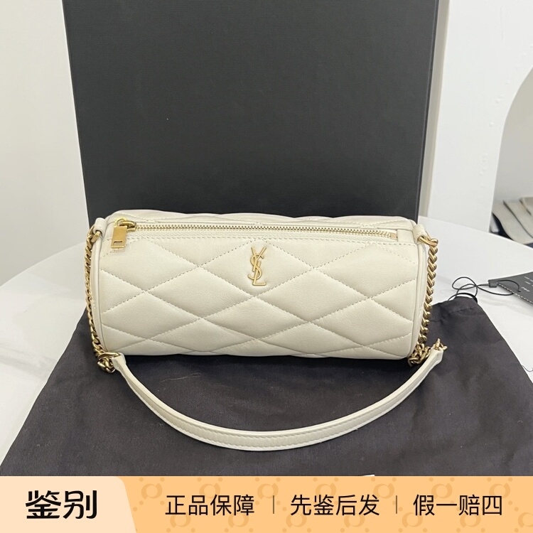 Ysl Saint Laurent Gold Label Logo Chain Leather Cylinder Bag Underarm Bag Shoulder Bag Mini Women's White