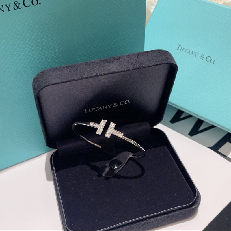 Tiffany & Co. Tiffany t Series Double t Full Diamond Bracelet 18K White Gold Women's Model Silver Color