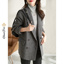 Houndstooth ສີດໍາແລະສີຂາວ double-sided zero cashmere jacket 2022 ດູໃບໄມ້ລົ່ນແລະລະດູຫນາວໃຫມ່ເກົາຫຼີແບບຕ່າງປະເທດແບບເສື້ອຂົນຂົນສັດຂອງແມ່ຍິງແນວໂນ້ມ