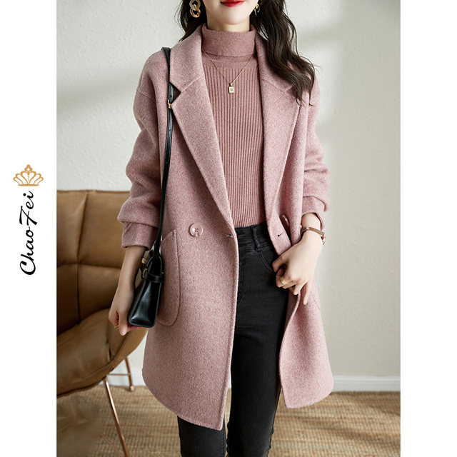 ເສື້ອກັນໜາວສີຊົມພູ double-sided zero cashmere coat 2023 autumn and winter new slim high-end 100 wool coat for women