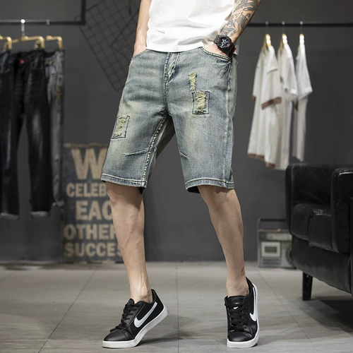 Большой эластичный прилив бренд пронзительный джинсовый шорты мужская личность -это старый измельчение желтого нищего соскребает пять конных брюк, толстые, тонкие