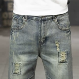 Большой эластичный прилив бренд пронзительный джинсовый шорты мужская личность -это старый измельчение желтого нищего соскребает пять конных брюк, толстые, тонкие