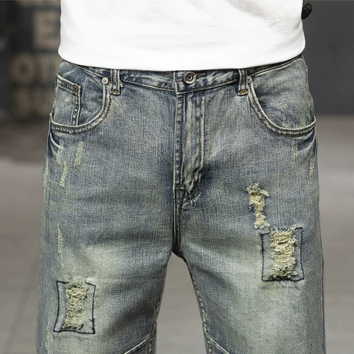 Большой эластичный прилив бренд пронзительный джинсовый шорты мужская личность -это старый измельчение желтого нищего соскребает пять конных брюк, толстые, тонкие
