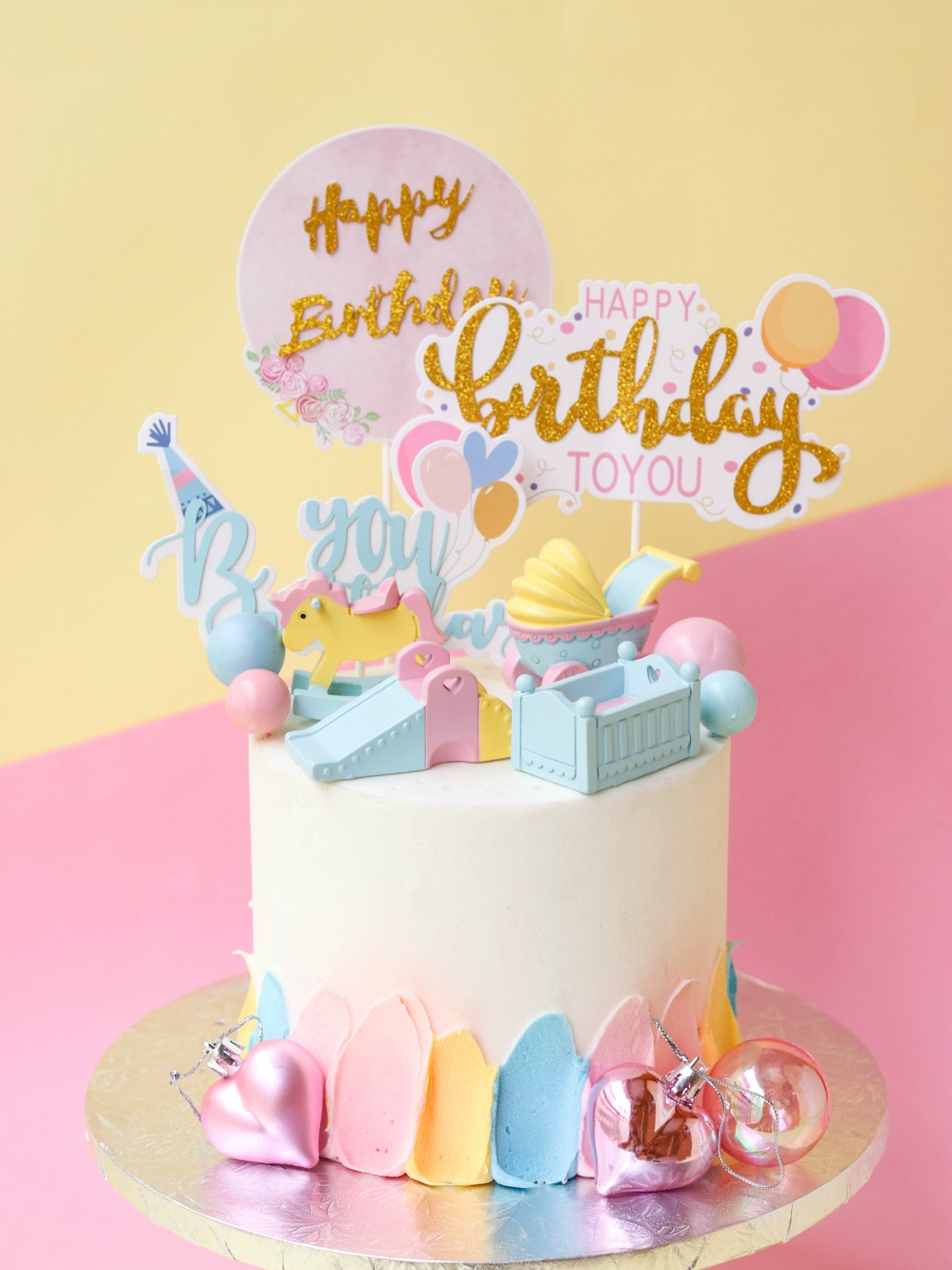 Nướng bánh trang trí xe nôi màu hồng Trojan nhựa trang trí bong bóng mũ sinh nhật bé thẻ sinh nhật đầu tiên - Trang trí nội thất
