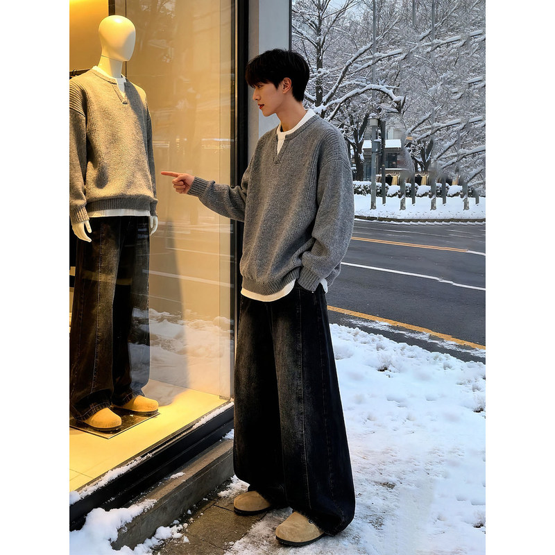 Light Gray Fake Two-Piece V-Neck Sweater for Men, Autumn and Winter Korean Style, Lazy Style Inner Layer Top, American Style Base Knitwear