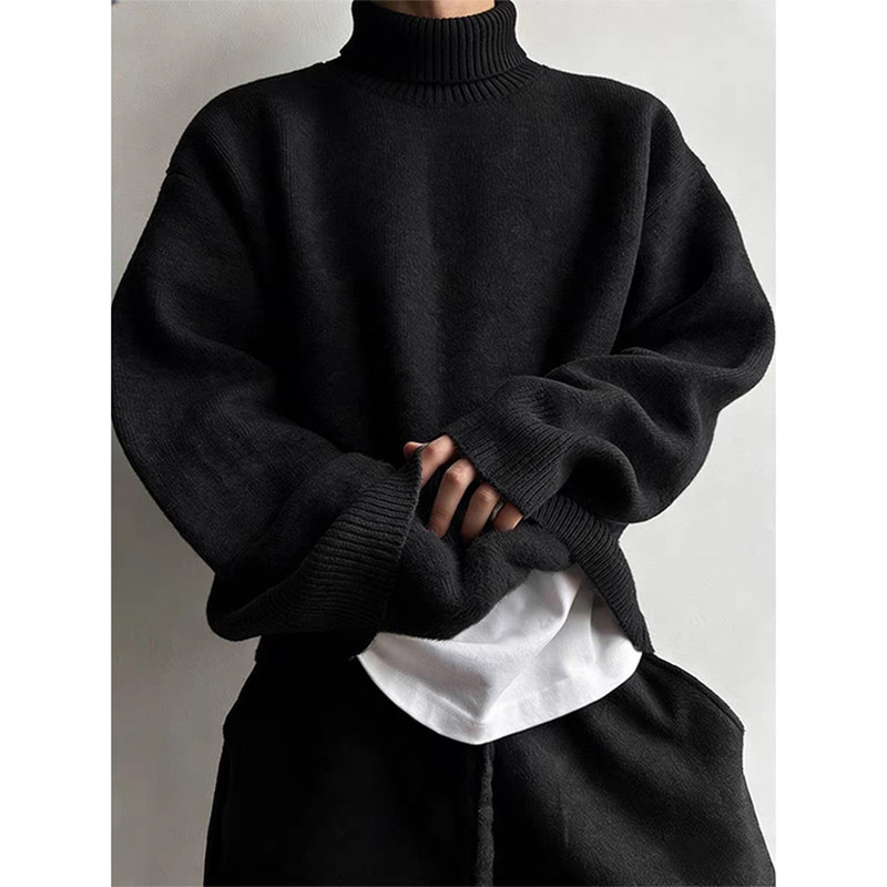 Black Turtleneck Sweater for Men, Winter Fleece-Lined and Thickened, Base Layer, Lazy Style, High-End Knitwear