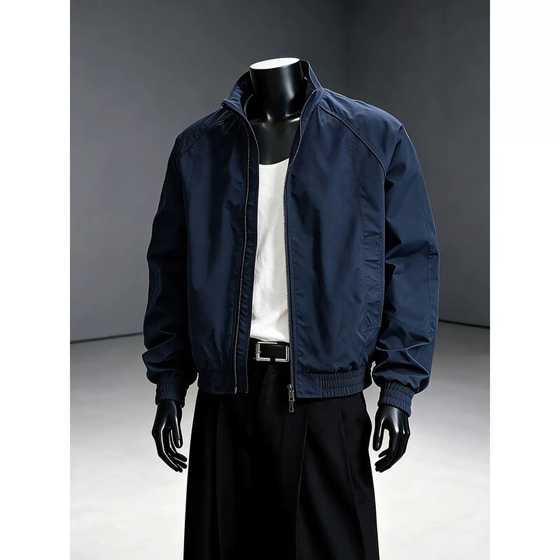 Navy Blue Coach Collar Jacket for Men, Autumn High-End Stylish Workwear Short Silhouette Waterproof Windbreaker