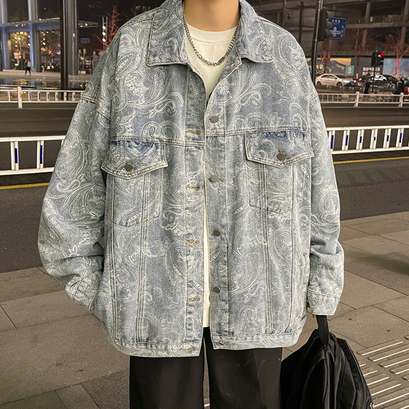 American Hip-Hop Printed Denim Jacket for Men, Spring and Autumn Vintage Versatile Top, Vibe High Street Retro Trendy Brand Jacket