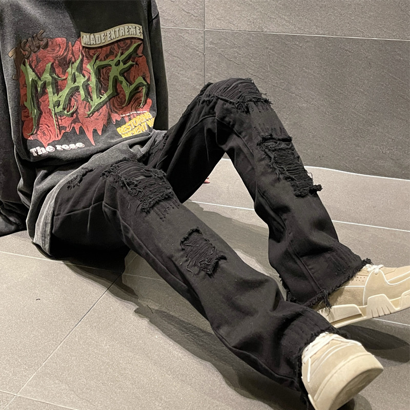 Raw Edge Ripped Straight-Leg Jeans for Men, Summer American High Street Style, Black Skinny Pants, Trendy Brand, Plus Size, Slim Fit Long Trousers