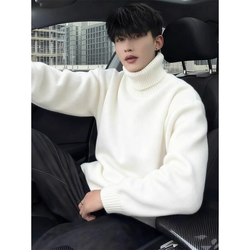 White Turtleneck Sweater for Men, Autumn and Winter Season, Fleece-Lined and Thickened, High-End Feel, Heavy and Soft Knitwear White Turtleneck Sweater for Men, Autumn and Winter Season, Fleece-Lined and Thickened, High-End Feel, Heavy and Soft Knitwear