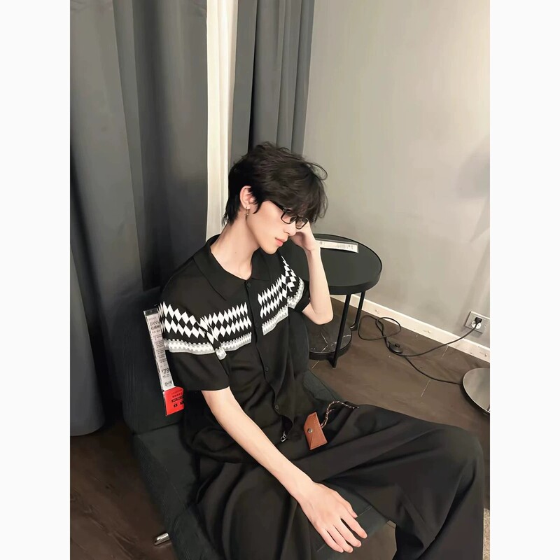 Fair Isle Diamond Jacquard Knit Short-Sleeve Men's Summer Loose Casual Style Turn-Down Collar T-Shirt Old Money Style Cardigan Top
