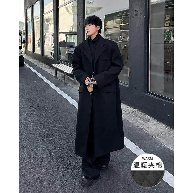秋冬用パッド入りショルダーウールコート メンズ 韓国風 シンプル ゆったり 高級トレンチコート コットン裏地付き 膝上丈ウールコート