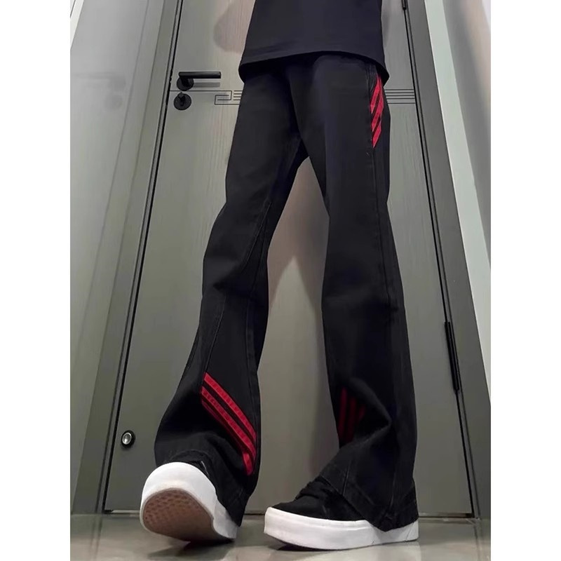 Slash Stripe Red and Black Color-Blocking Slim-Fit Flared Jeans for Men, Niche American Workwear Straight-Leg Pants, Trendy Brand Slash Stripe Red and Black Color-Blocking Slim-Fit Flared Jeans for Men, Niche American Workwear Straight-Leg Pants, Trendy Brand