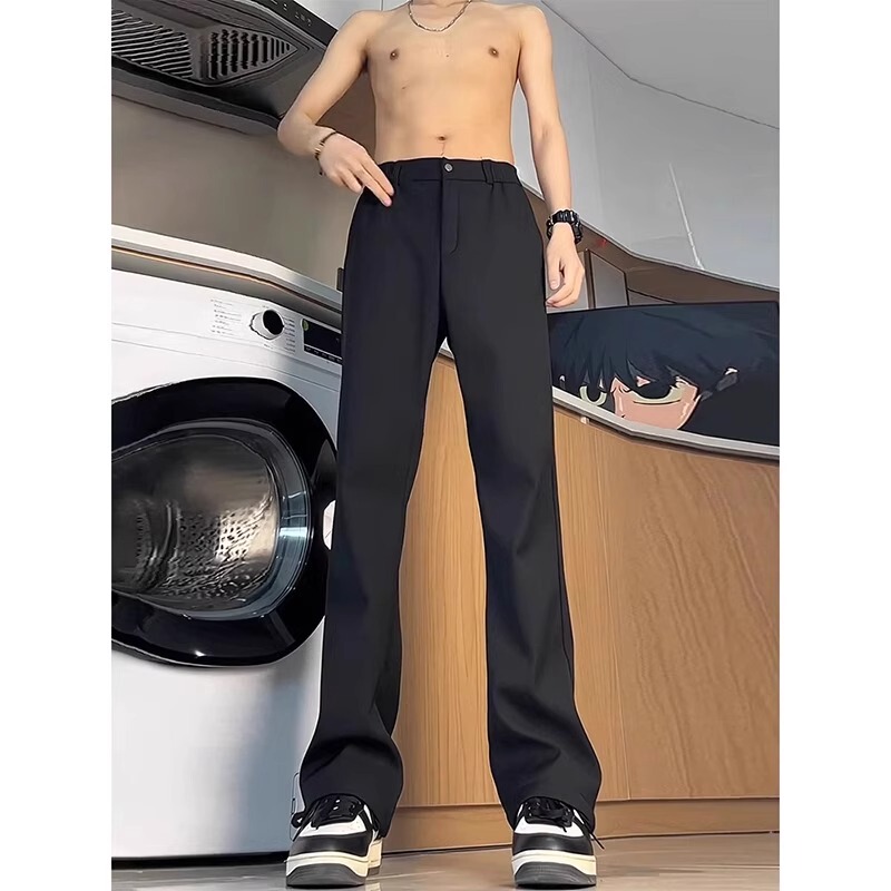 Black Slimming Ice Silk Dress Pants for Men, Summer Thin Style, Cool and Quick-Drying, Drapey Pants, Cleanfit Micro-Flared Straight Pants