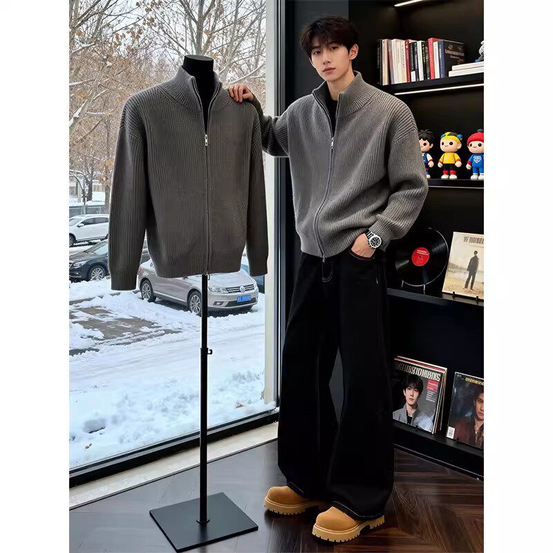 American-Style Gray Double-Zip Turtleneck Knit Sweater for Men, Cleanfit Inner Layer Top, Base Sweater, Cardigan Jacket