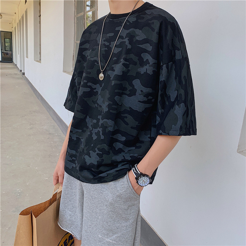 Summer camouflage short-sleeved T-shirt men's loose trend ins half-sleeve Hong Kong trend brand wild Harajuku style Japanese five-point sleeve