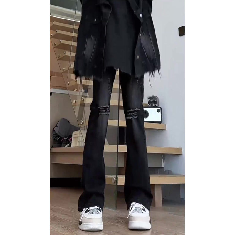 Black Ripped Jeans for Men, Summer Thin Style, Cool and Clean Fit Pants, American High Street Straight-Leg Flared Pants