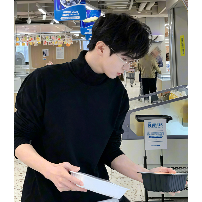 Black Turtleneck Sweater for Men, Autumn and Winter, Fleece-Lined and Thickened, High-End Slim-Fit American-Style Knitwear