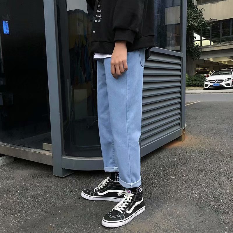 Spring and autumn light-colored denim trousers men's Korean version of the trend nine points straight loose casual dad pants all-match