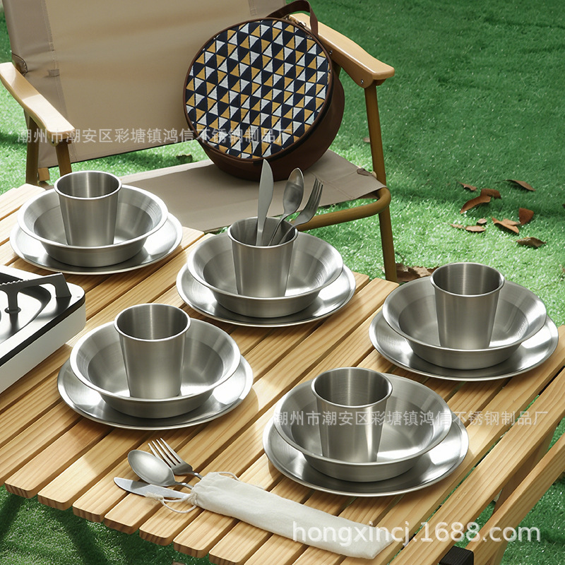 Cross-Border Amazon Outdoor Stainless Steel Camping Cutlery Set Storage Portable Camping Dinner Plate Bowl Knife Fork Spoon