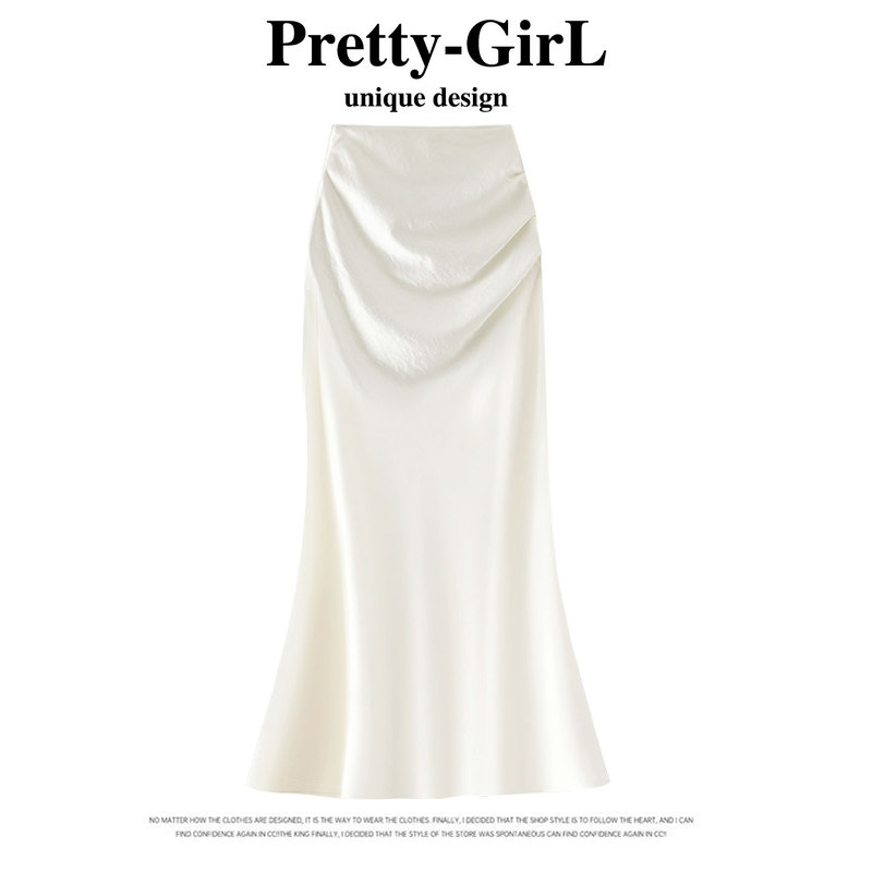 La Chapelle Acetate Satin Fishtail Skirt for Women, Summer New Chinese-Style Silk Satin Skirt, White Stunning Long Skirt