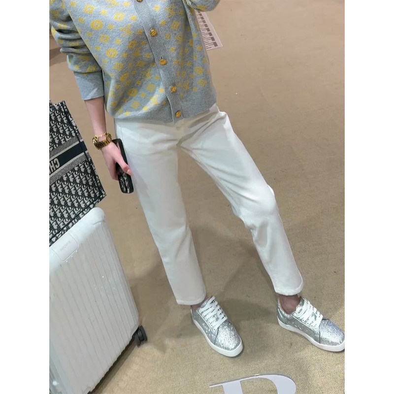 La Chapelle White Cropped Straight-Leg Slim-Fit Cigarette Jeans for Women, New High-Waisted Baguette Pants for Spring and Summer