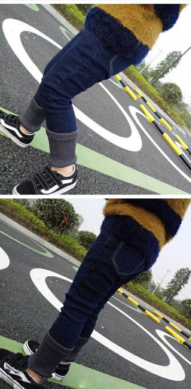 Quần áo trẻ em nữ mùa đông 2018 phiên bản Hàn Quốc mới của quần lửng xám đen retro ở trẻ em cộng với quần jean nhung