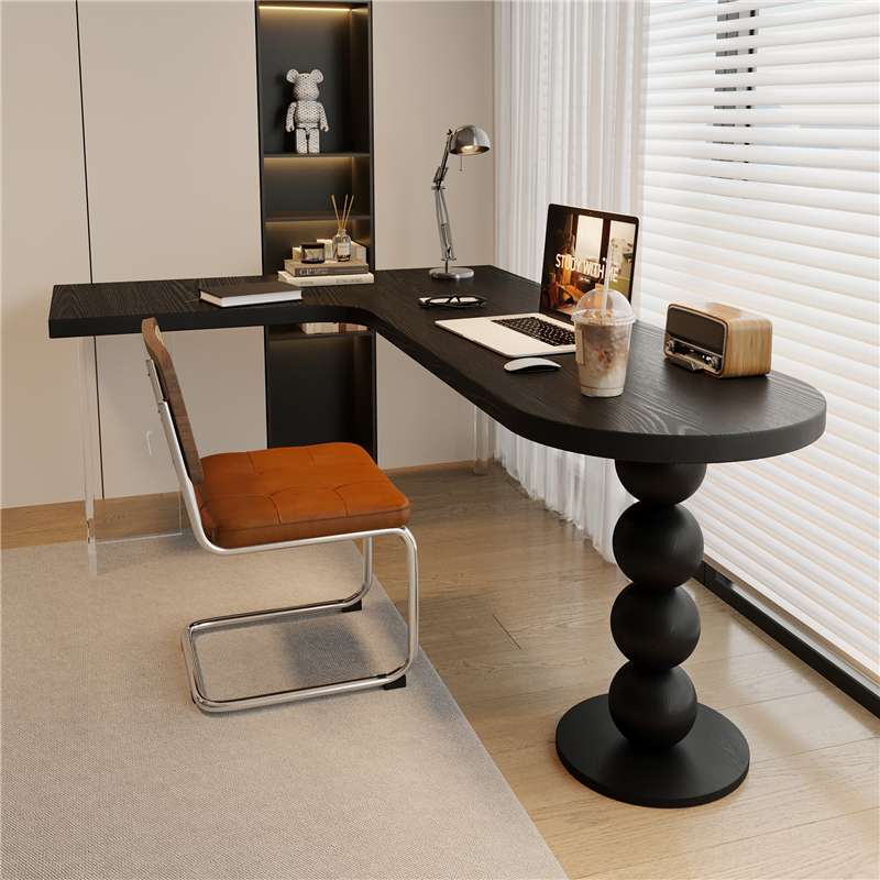 Solid Wood Italian-Style L-Shaped Corner Computer Desk with Black Solid Wood Desktop, Light Luxury and High-End Feel, Desk for Living Room Computer Desk