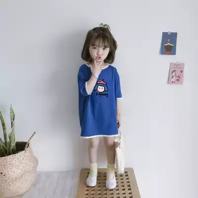 Cotton loose version of girls dress short sleeve T-shirt skirt cute color pattern shirt female baby Summer new solid color