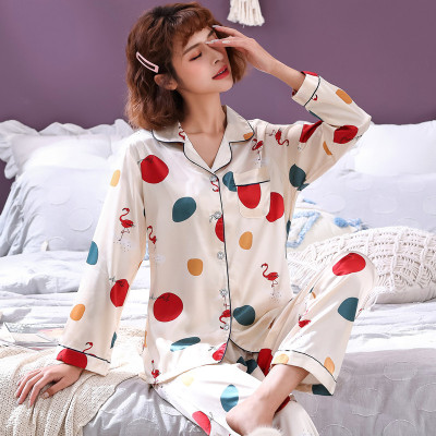 情侣睡衣套装长袖仿真丝绸冰丝男女家居服