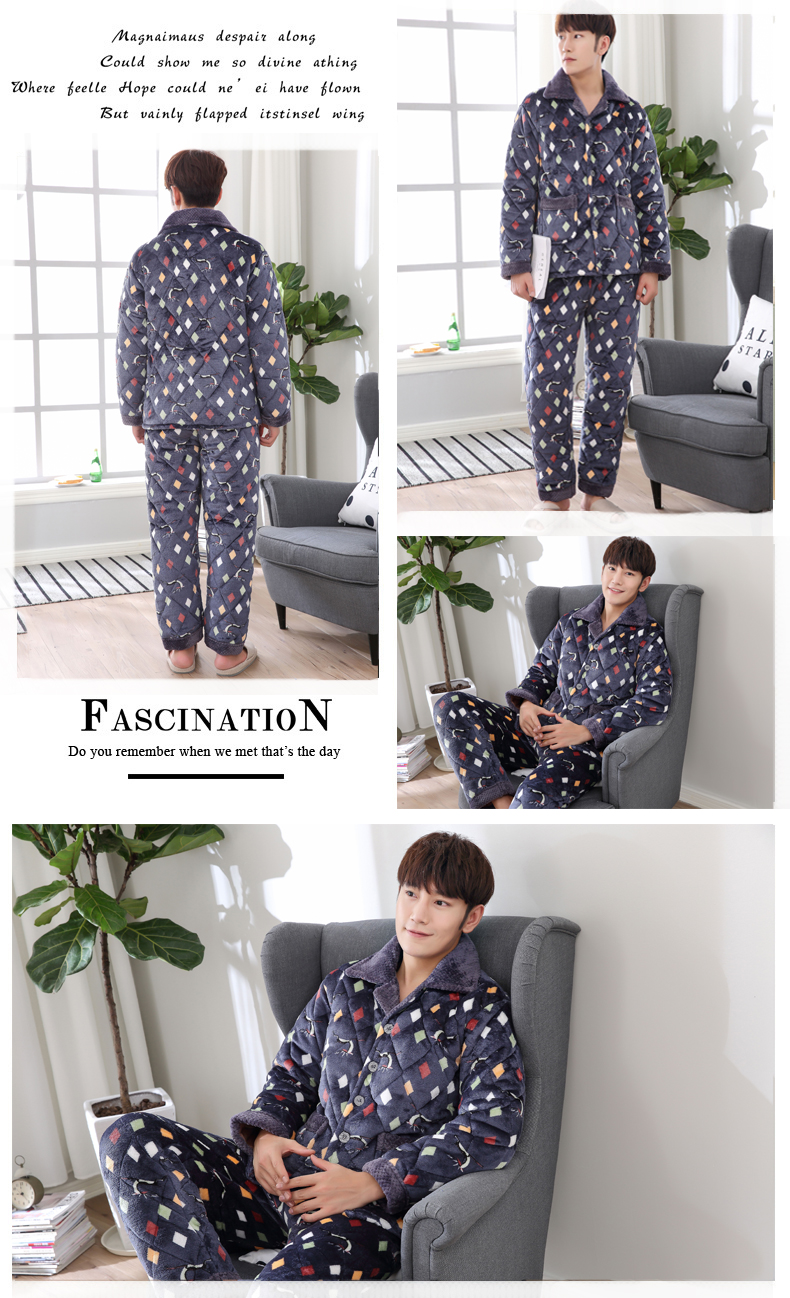 Mùa đông ba lớp dày san hô lông cừu quilted đồ ngủ nam flannel áo khoác XL dài tay phù hợp với dịch vụ nhà bộ đồ mặc nhà