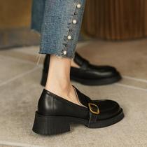 2021 New autumn and winter black Lefu shoes female leather pedals with small leather shoes British wind sponge cake thick soles