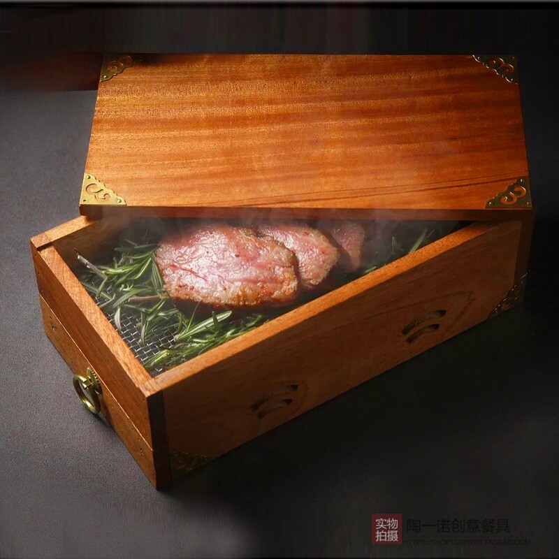 Trendy Smoked Meat Wooden Box, Smoked Steak Wooden Box, Barbecue Box, Creative Restaurant Smoked Wagyu Beef Western Food Specialty Dish Tableware