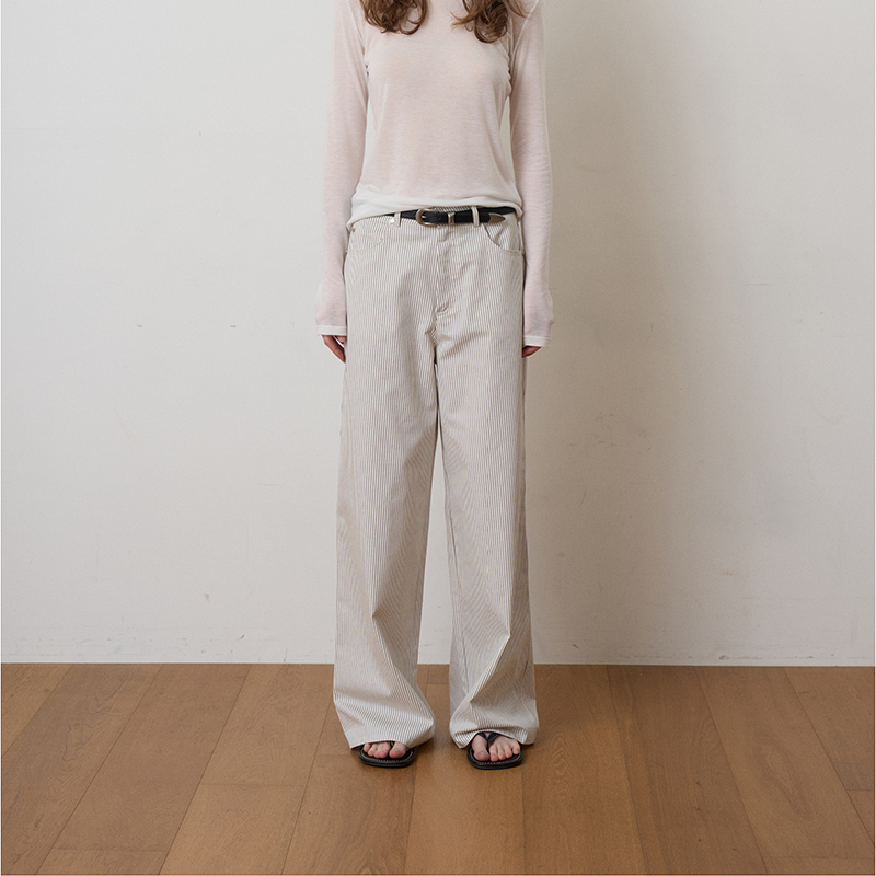 Chic Young Thin Casual Striped Denim Pants Fashionable Striped Pure Cotton Straight-Leg Women's Trousers
