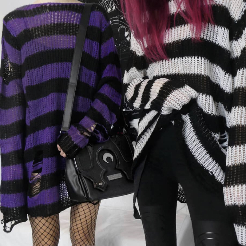 Dark Gothic Loose Striped Trendy Sweater with Holes, Ripped, Stretchy, Unisex Punk Mid-Length Knitwear