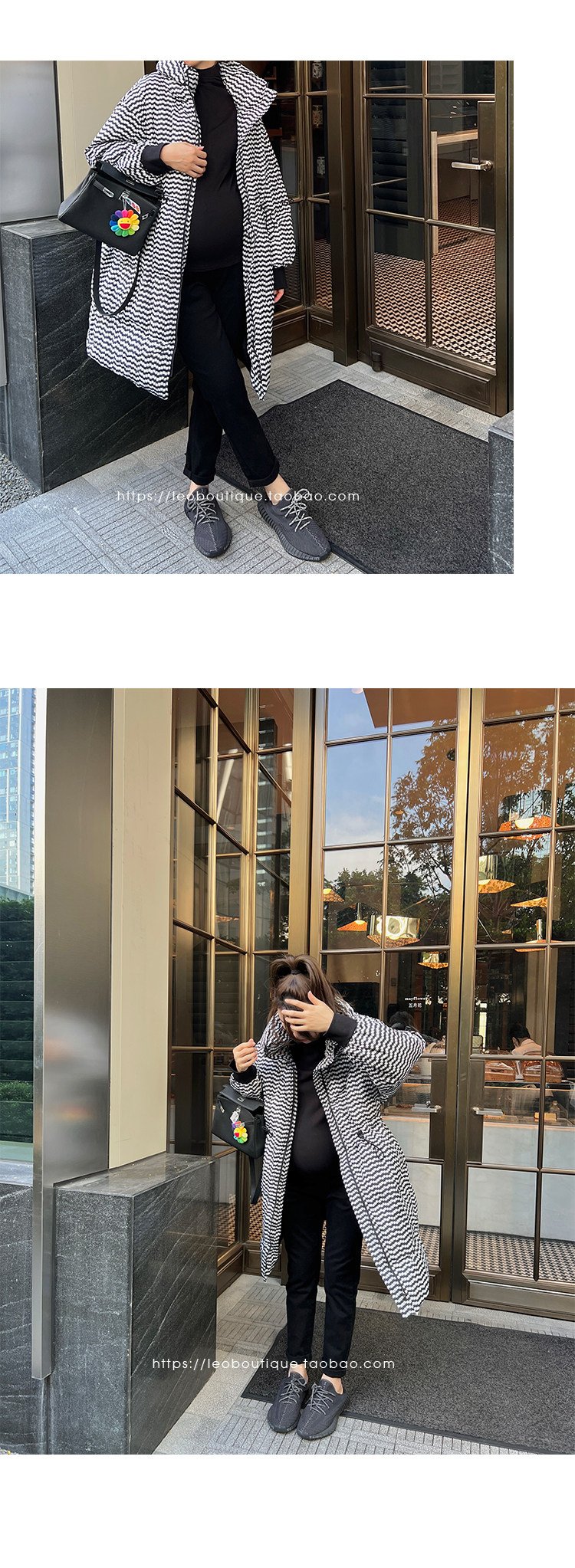 товар из китая leomami高端孕妇装冬季外套抽象黑白点中长款加厚保暖宽松羽绒服